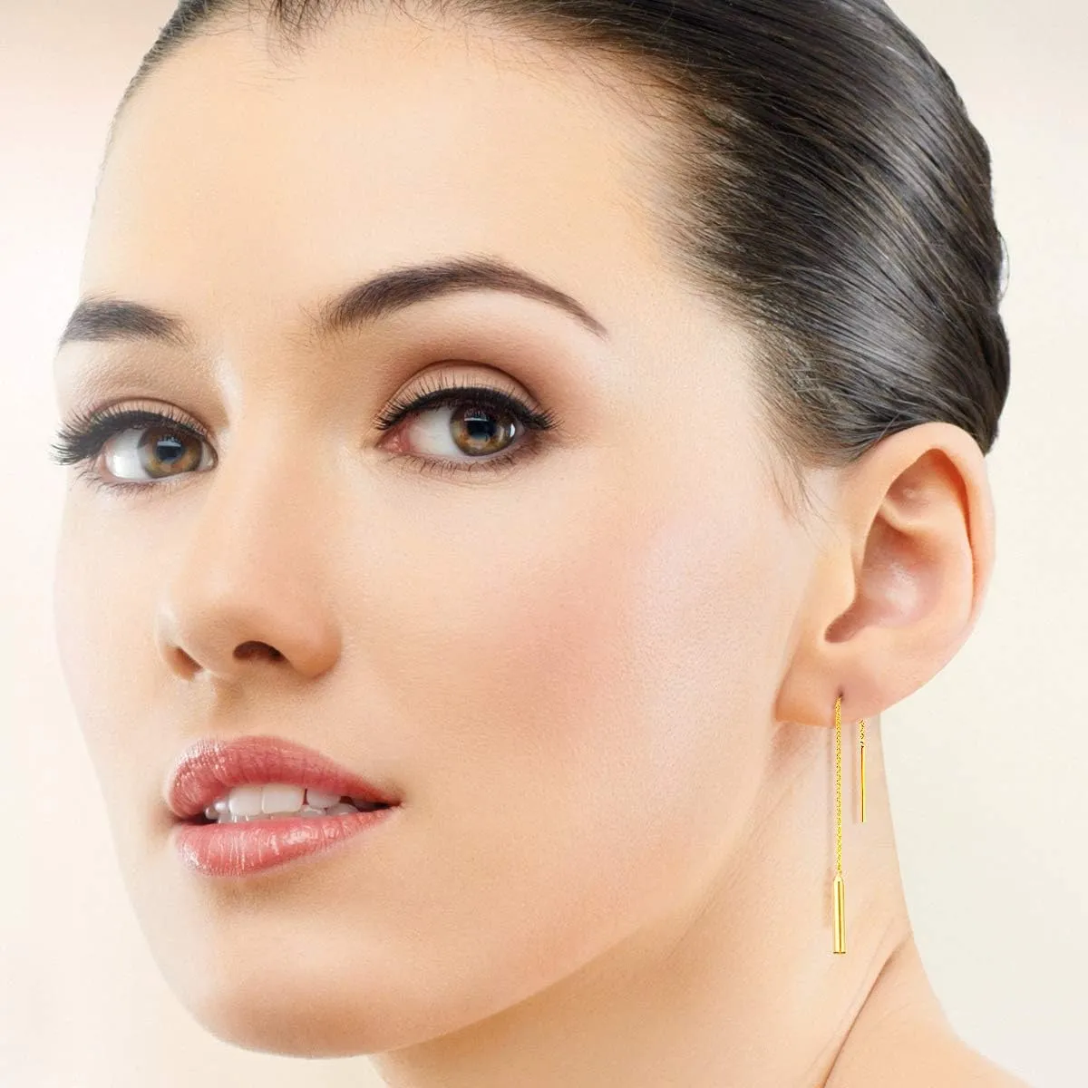 925 Sterling Silver, 24K Yellow or 18K Rose Gold Plated Threader Pull Through THIN Drop Chain Earrings with Dangling Bar - Length: 78/86/105 mm