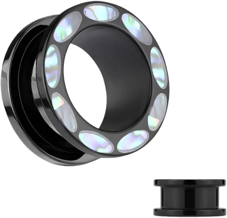 Abalone Inlaid Rim Black Acrylic Screw Fit Flesh Tunnels Ear Plugs Gauges 00g (10 mm) Body Unique Jewelry Delicate Design Piercing Steel Surgical For Women