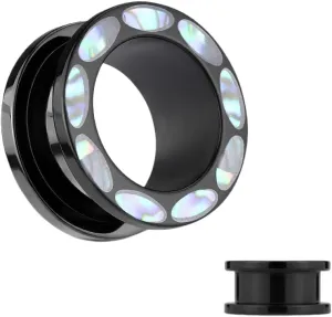 Abalone Inlaid Rim Black Acrylic Screw Fit Flesh Tunnels Ear Plugs Gauges 00g (10 mm) Body Unique Jewelry Delicate Design Piercing Steel Surgical For Women