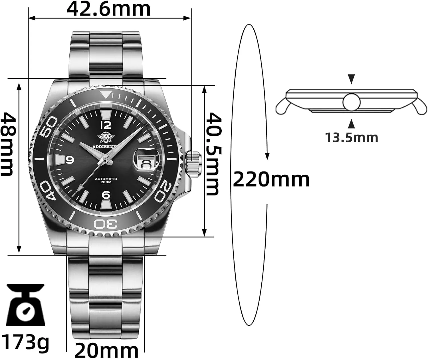 ADDIESDIVE Automatic Diver Watches for Men NH35A/8215 Movement Sapphire Rotating Bezel Luminous 200 M Waterproof Easy to Read with Large Number Mens Diver's Watch