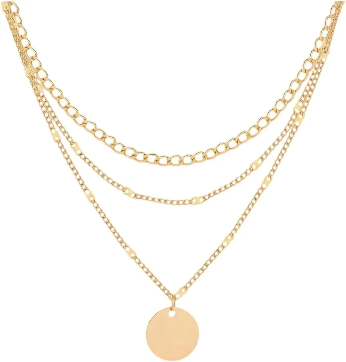 Adjustable 3 Layered Necklace with Coin Pendant, Color Gold
