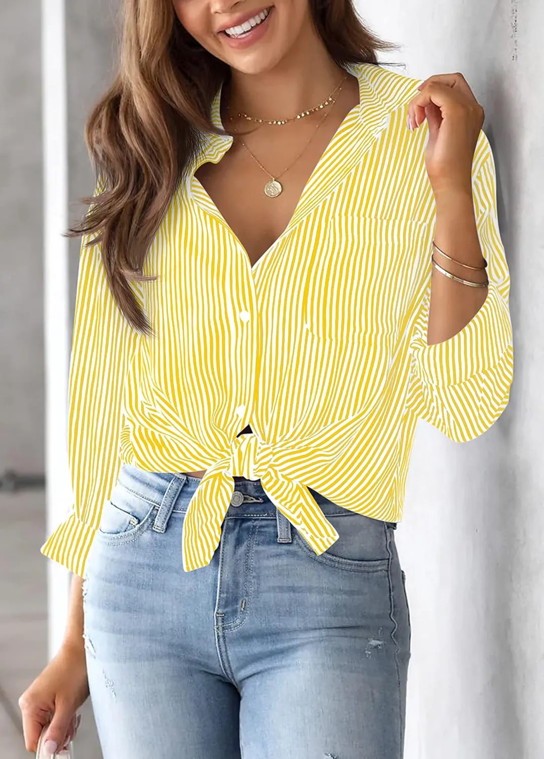 AISEW Womens Button Down Shirts Striped Classic Long Sleeve Collared Office Work Blouses Tops with Pocket