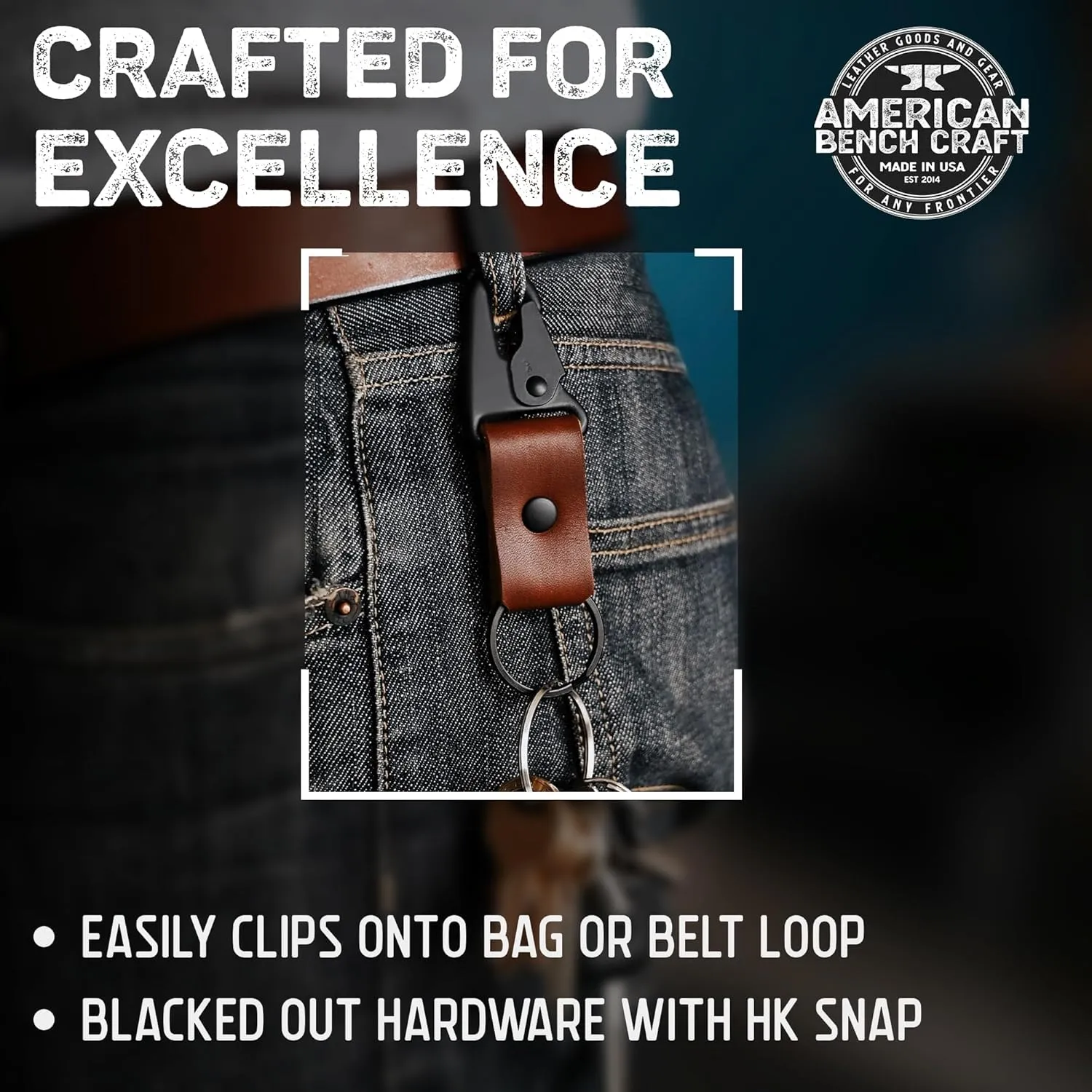 American Bench Craft Clip On Tactical Keychain | Full Grain Leather Keychain for Men | Durable HK Snap Key Fob, Made in USA