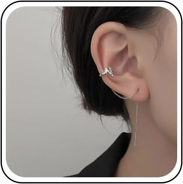 Andelaisi Boho Rhinestone Ear Cuff Earrings Vintage Crawler Long Chain Tassel earrings Silver Cz Tiny Cuff Earrings Long Linear Chain Earrings Long Chain Cuff Earrings Jewelry for Women