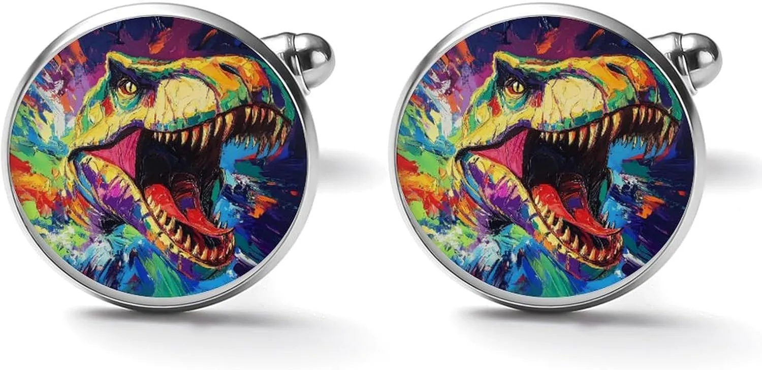 Angry Dinosaur Art Mens Cufflinks Classic Alloy Shirt Cuff Links Unique Jewelry Gift for Groom Father Husband Boyfriend