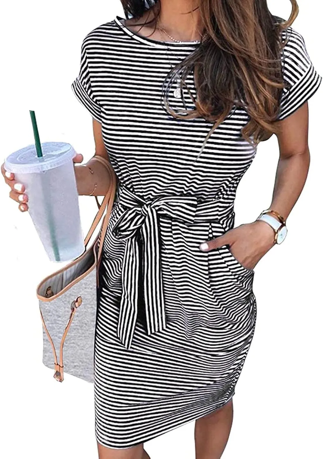 Aniywn Women's Summer Elegant Striped Short Sleeve T Shirt Dress Casual Tie Waist Slim Fit Midi Dress with Pockets