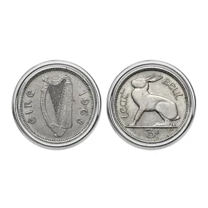 Authentic 1968 Irish Ireland 3 Pence Harp Coins Silver Plated Cufflinks NEW - Lucky Rabbit Hare