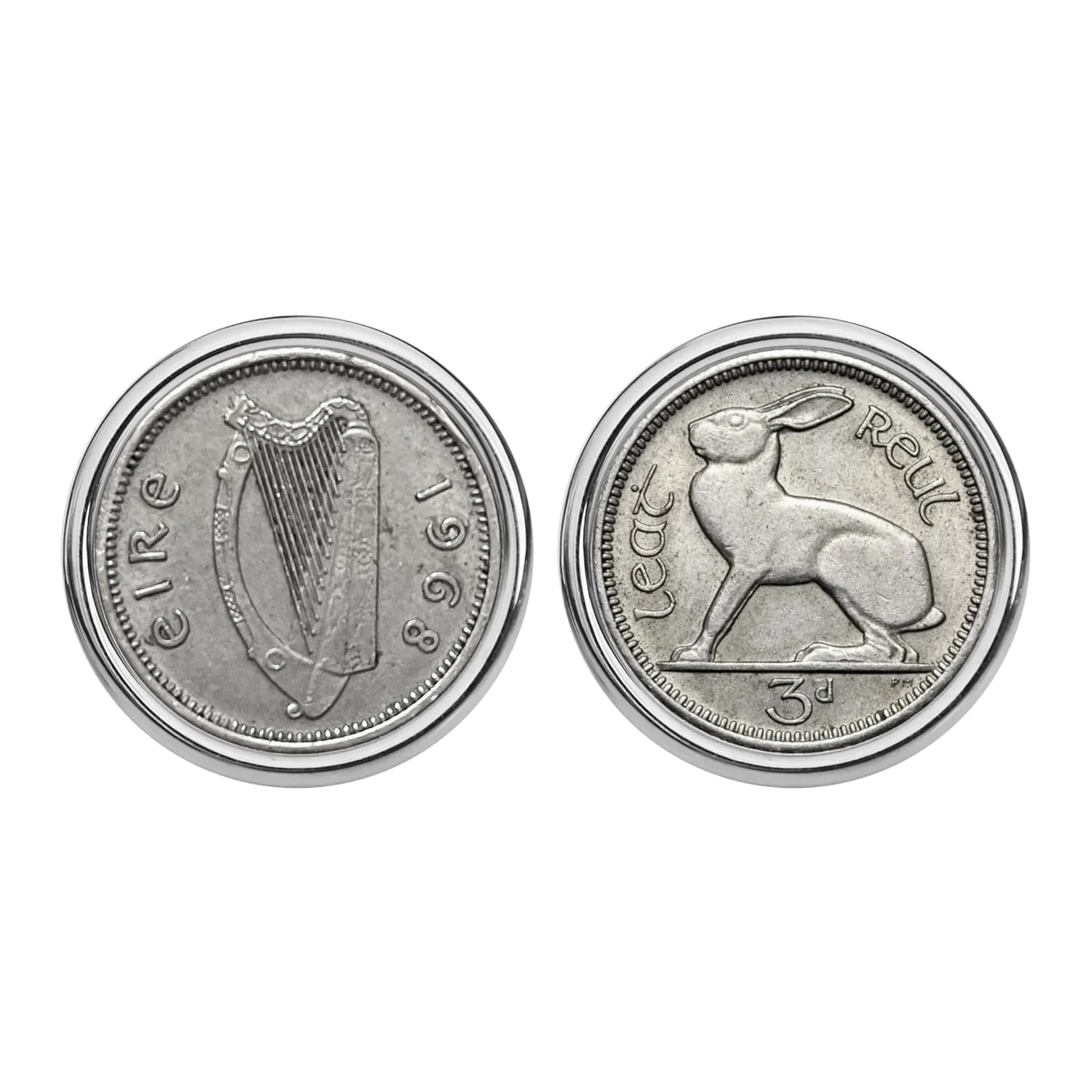 Authentic 1968 Irish Ireland 3 Pence Harp Coins Silver Plated Cufflinks NEW - Lucky Rabbit Hare