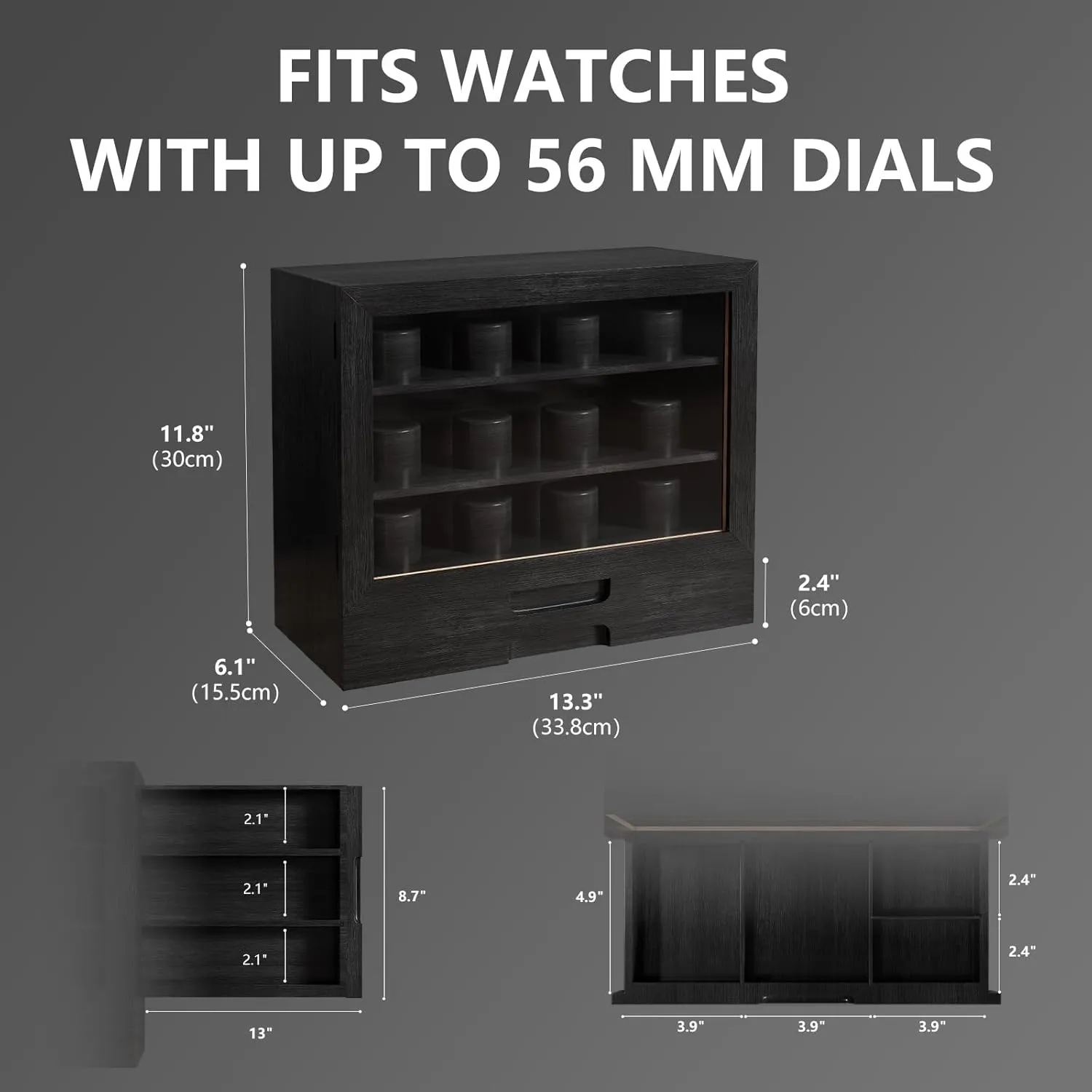 AUTOARK Wooden Watch Sunglass Display Case,12 Watch Box with Jewelry Drawer,Watch Eyeglass Holder with Window,Vertical Storage,Gift Idea,Black,AW-184