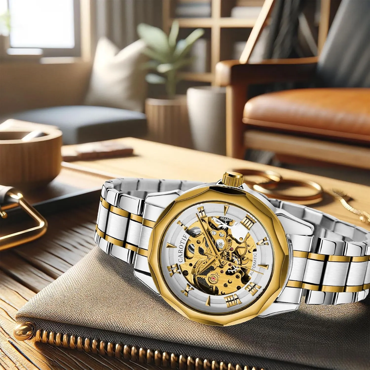 Automatic Skeleton Watch, Two-Tone Gold and Silver, Mechanical Movement
