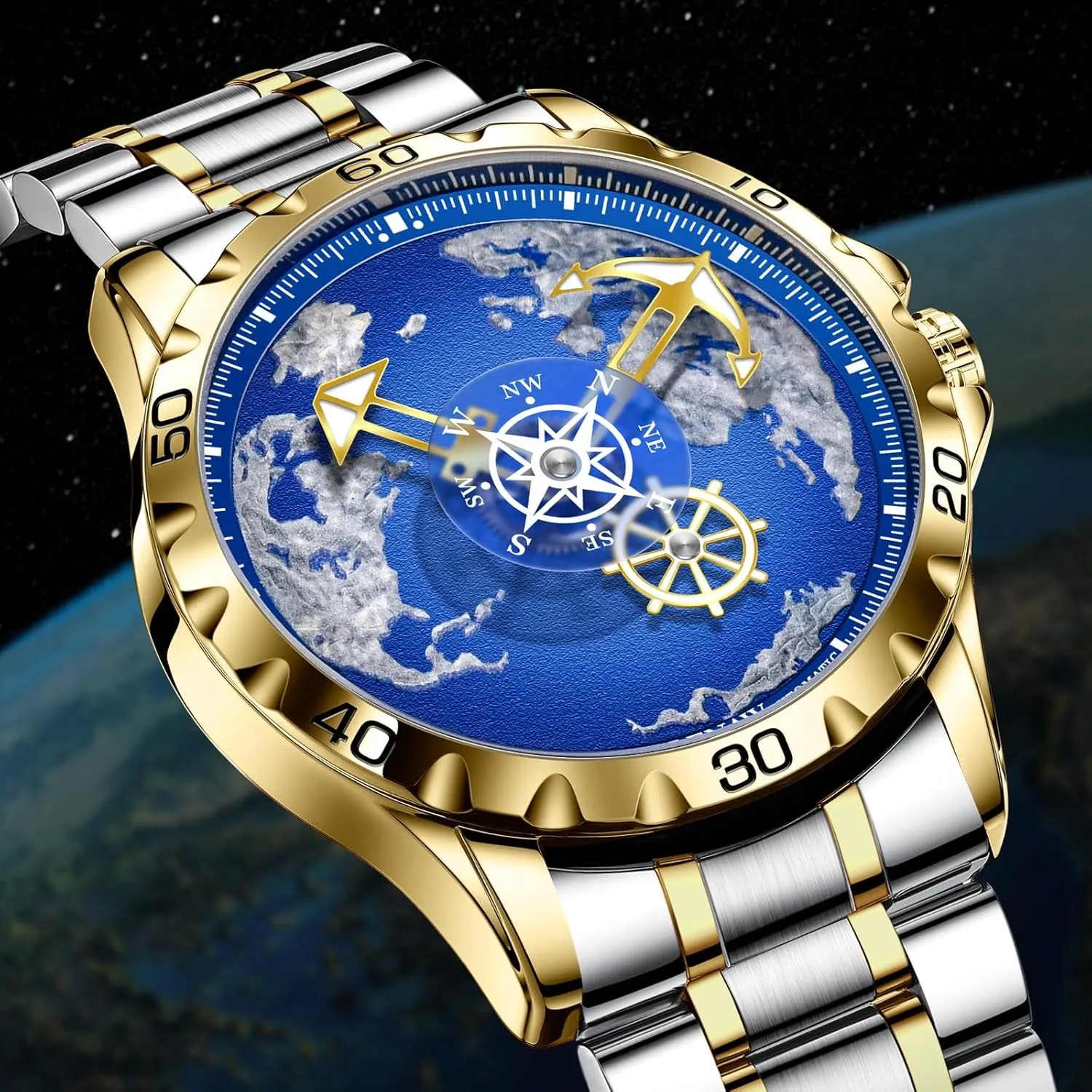 Automatic Watches for Men- Rotating Earth Dial, Men's Mechanical Watch Luminous Hands, 3ATM Waterproof Steel Strap Wrist Watches