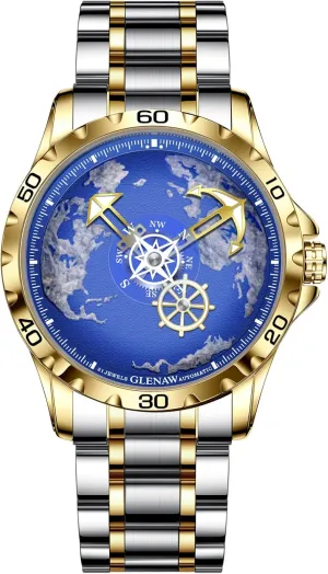 Automatic Watches for Men- Rotating Earth Dial, Men's Mechanical Watch Luminous Hands, 3ATM Waterproof Steel Strap Wrist Watches