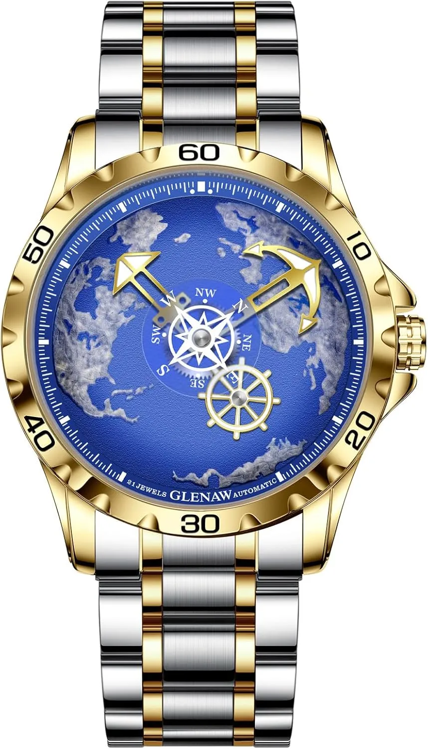 Automatic Watches for Men- Rotating Earth Dial, Men's Mechanical Watch Luminous Hands, 3ATM Waterproof Steel Strap Wrist Watches
