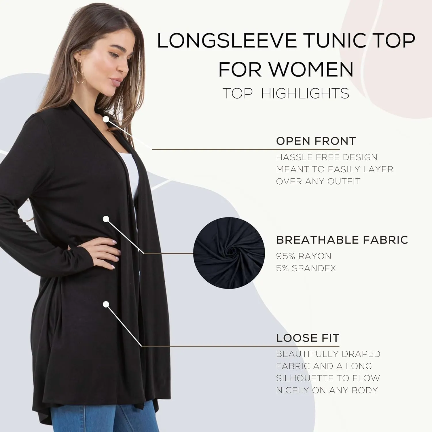 Azules Lightweight Cardigan for Women - Open Front, Flowy, Longer Length & Stylish - Long Sleeve Womens Cardigan Light Jacket