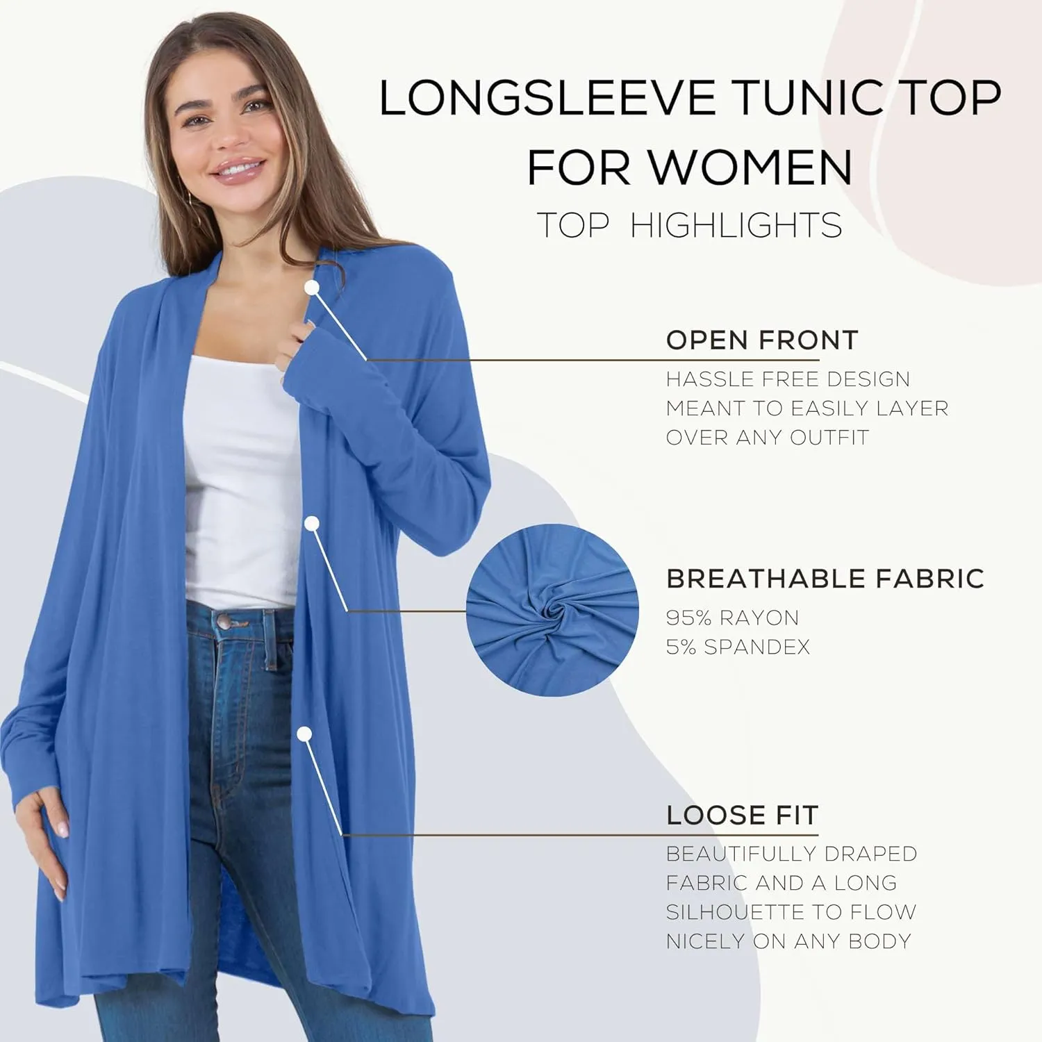 Azules Lightweight Cardigan for Women - Open Front, Flowy, Longer Length & Stylish - Long Sleeve Womens Cardigan Light Jacket