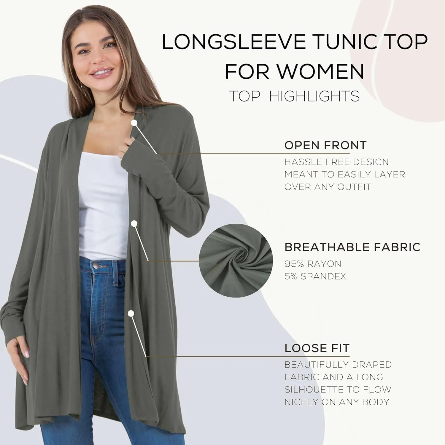 Azules Lightweight Cardigan for Women - Open Front, Flowy, Longer Length & Stylish - Long Sleeve Womens Cardigan Light Jacket
