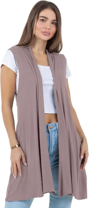 Azules Sleeveless Long Cardigans for Women with Side Pockets - Summer Vest Open Front Light Women's Cardigan Dressy Blazer