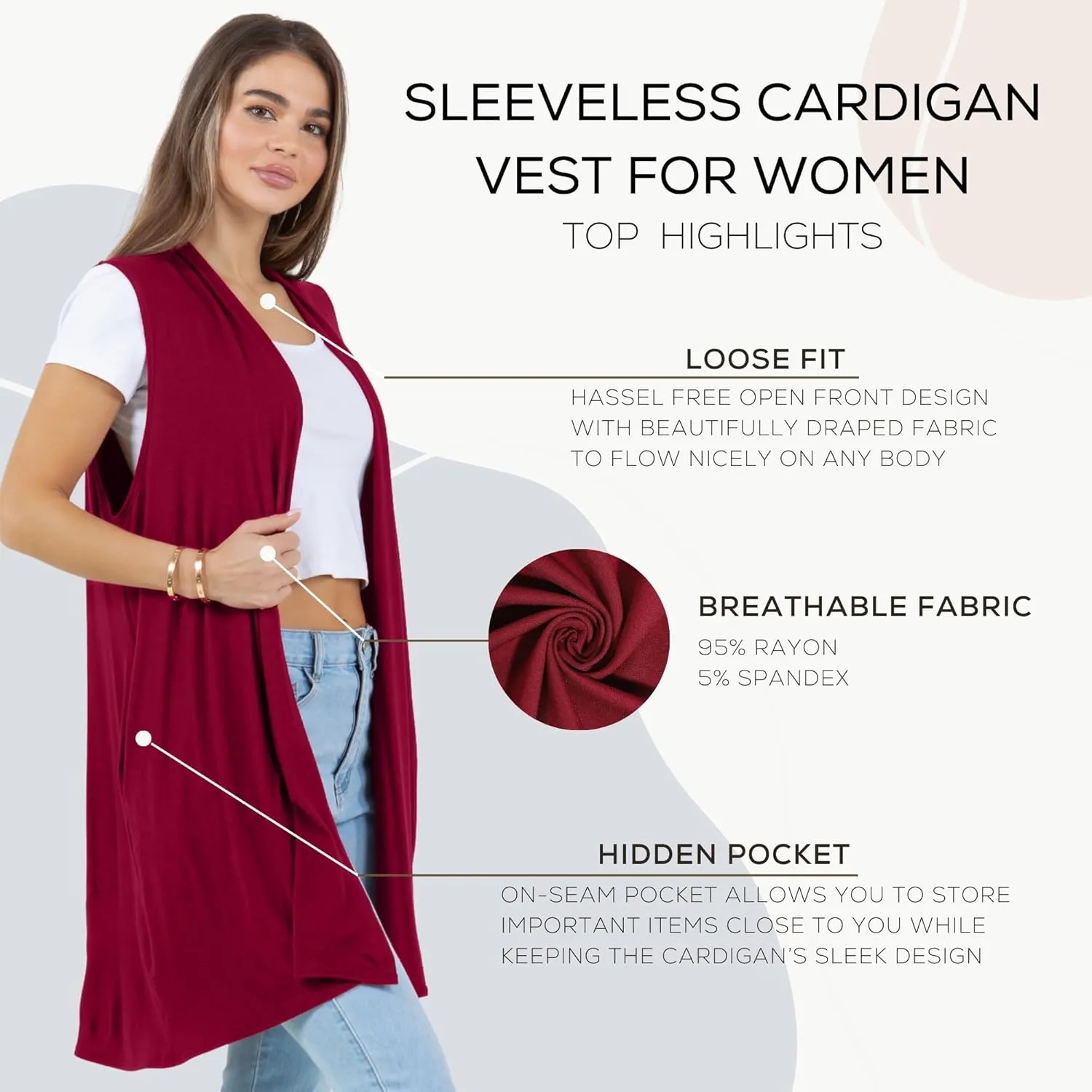 Azules Sleeveless Long Cardigans for Women with Side Pockets - Summer Vest Open Front Light Women's Cardigan Dressy Blazer