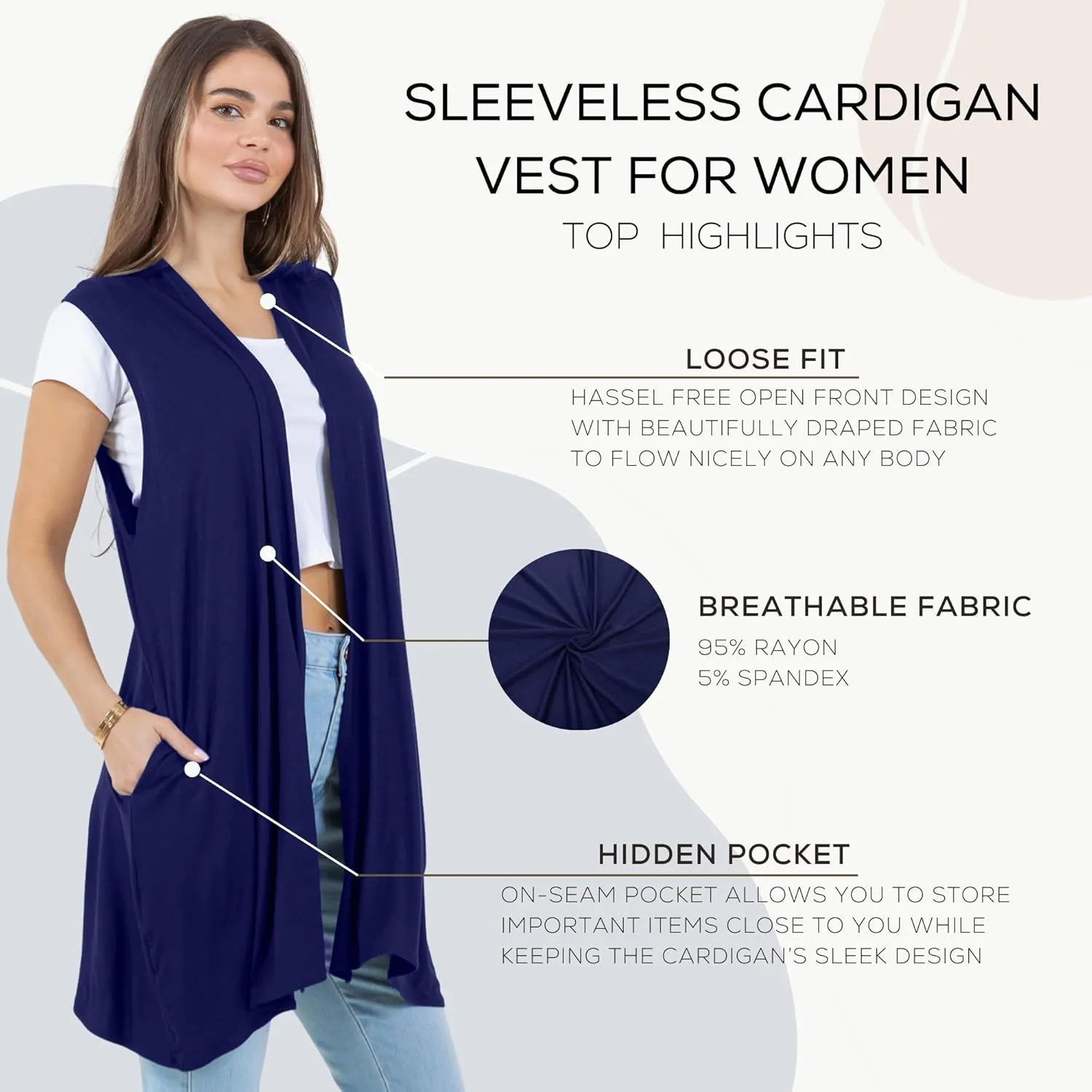 Azules Sleeveless Long Cardigans for Women with Side Pockets - Summer Vest Open Front Light Women's Cardigan Dressy Blazer