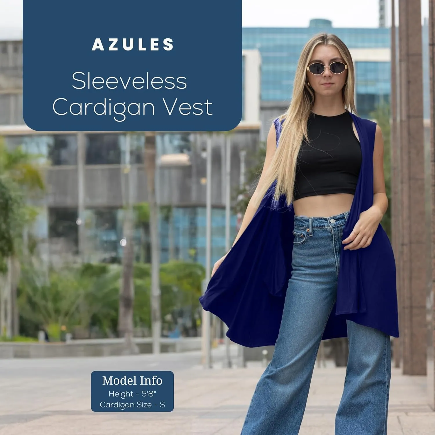 Azules Sleeveless Long Cardigans for Women with Side Pockets - Summer Vest Open Front Light Women's Cardigan Dressy Blazer
