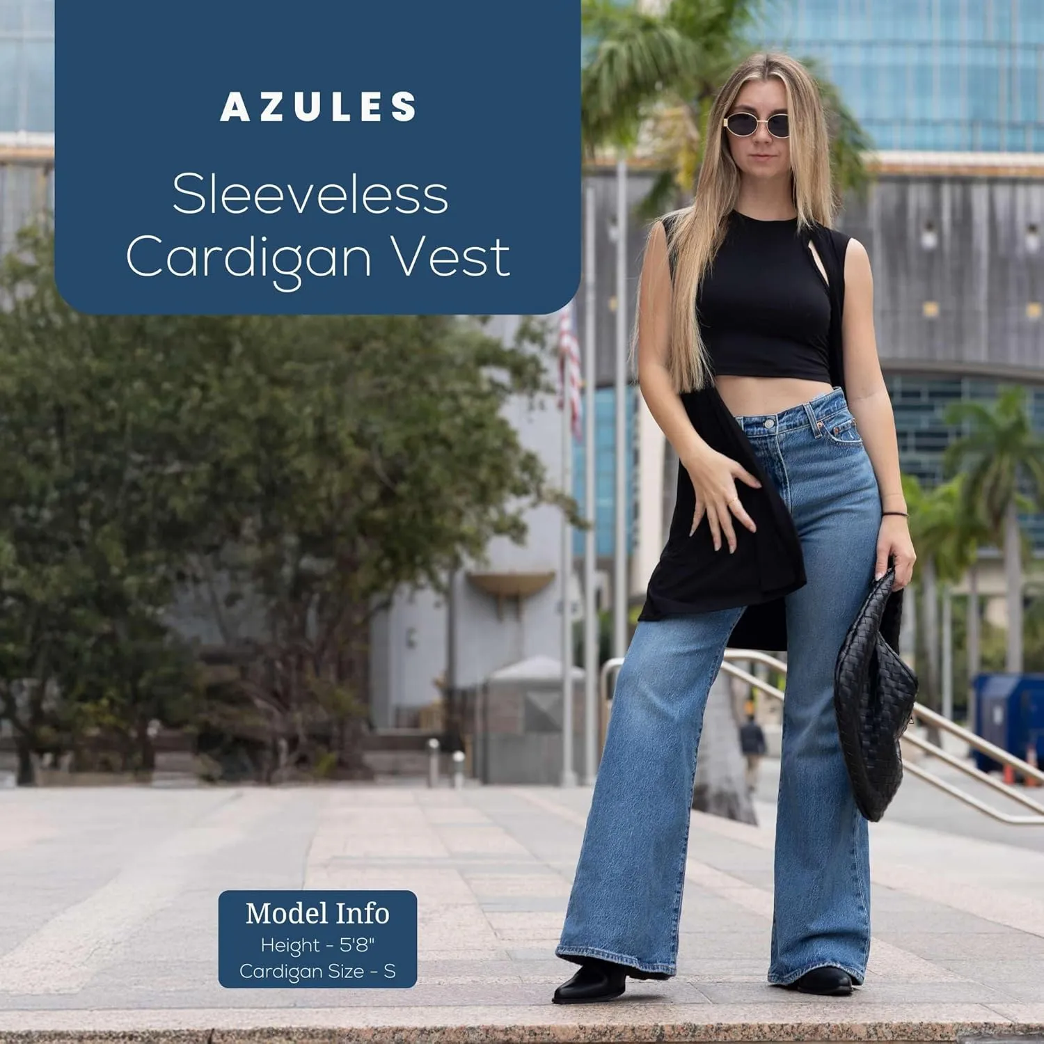 Azules Sleeveless Long Cardigans for Women with Side Pockets - Summer Vest Open Front Light Women's Cardigan Dressy Blazer