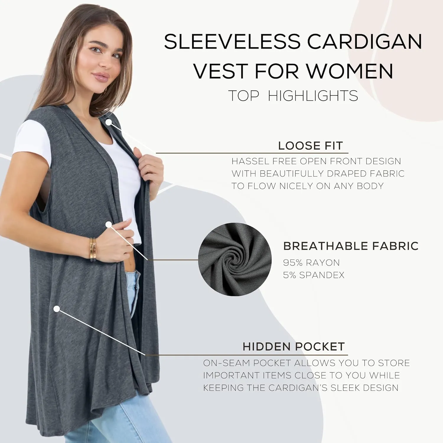 Azules Sleeveless Long Cardigans for Women with Side Pockets - Summer Vest Open Front Light Women's Cardigan Dressy Blazer