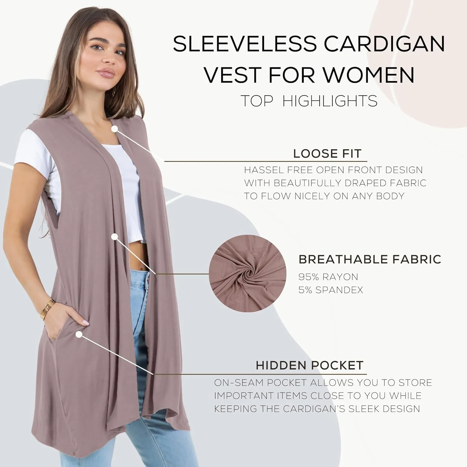 Azules Sleeveless Long Cardigans for Women with Side Pockets - Summer Vest Open Front Light Women's Cardigan Dressy Blazer