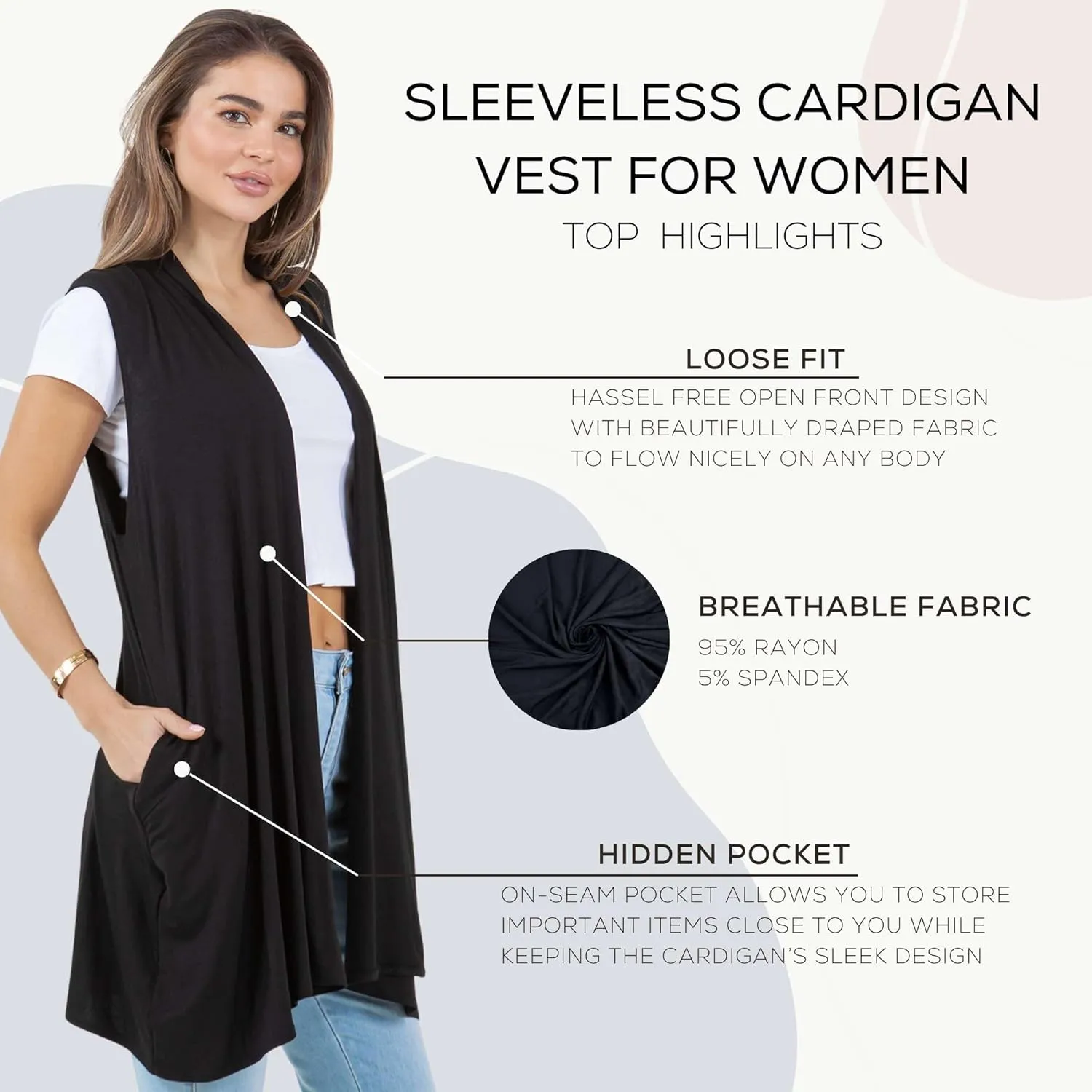 Azules Sleeveless Long Cardigans for Women with Side Pockets - Summer Vest Open Front Light Women's Cardigan Dressy Blazer
