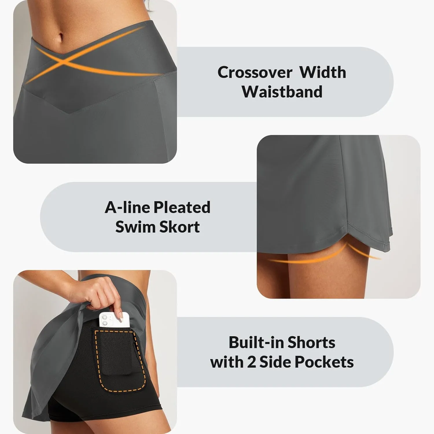 baleaf Women's Swim Skirt Bottoms High Waisted Pleated Skorts Boxer Liner with Pockets Swimsuits