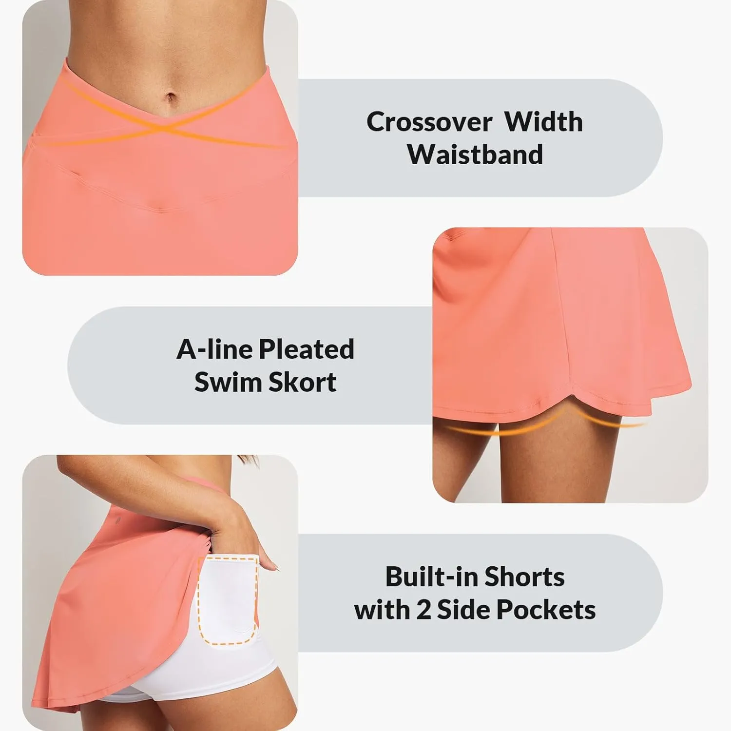 baleaf Women's Swim Skirt Bottoms High Waisted Pleated Skorts Boxer Liner with Pockets Swimsuits