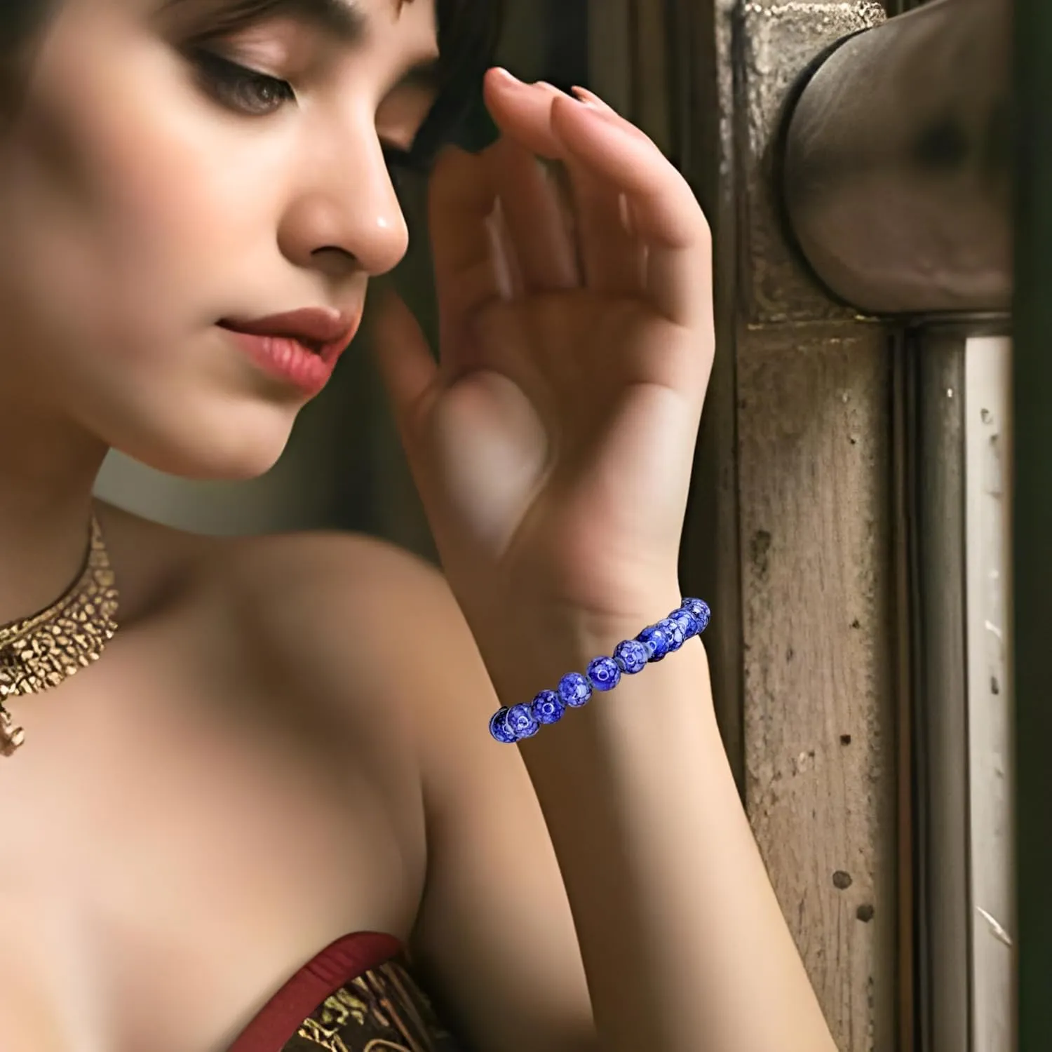 Beaded Stretch Bracelet for Women Crystal Stone Bracelets Round Beads Stretch Bracelet Unisex Jewelry for Women Men Girls Gifts (Unisex) (Blue-White)