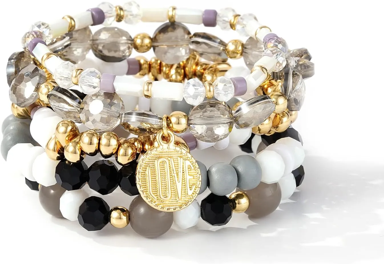 Beaded Stretch Bracelets Set for Women Stack Boho Crystal Gold Bead Bracelet Set Heart Charm Bracelet Bohemian Summer Beach Bracelets Jewelry