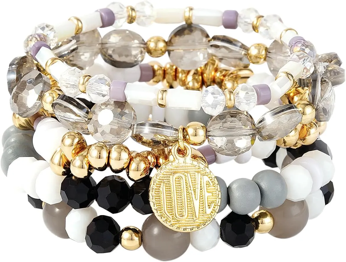 Beaded Stretch Bracelets Set for Women Stack Boho Crystal Gold Bead Bracelet Set Heart Charm Bracelet Bohemian Summer Beach Bracelets Jewelry
