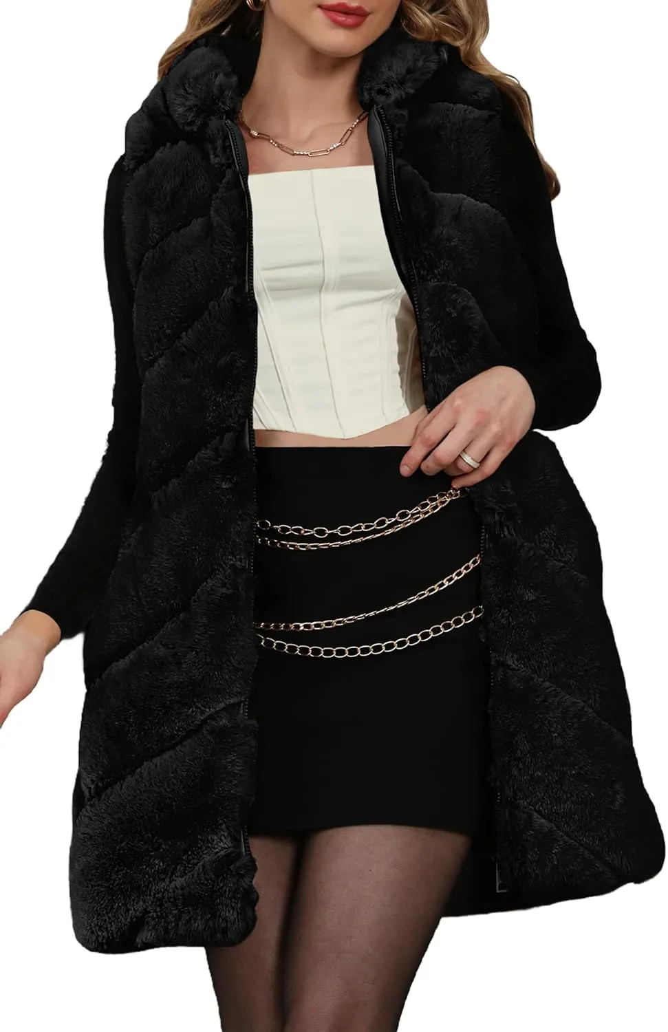 Bellivera Women's Faux Fur Vest Sherpa Fleece Gilet Sleeveless Casual Hooded Jacket Shearling Warm Fluffy Coat