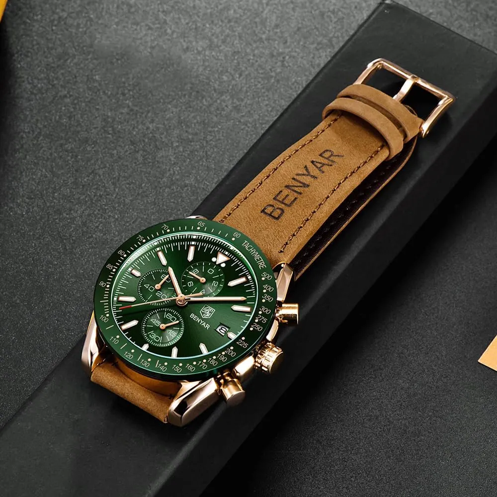 BENYAR Mens Watches Quartz Chronograph Business Luxury Brand Waterproof Wristwatches Fashion Brown Leather Watches for Men