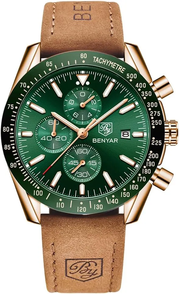 BENYAR Mens Watches Quartz Chronograph Business Luxury Brand Waterproof Wristwatches Fashion Brown Leather Watches for Men