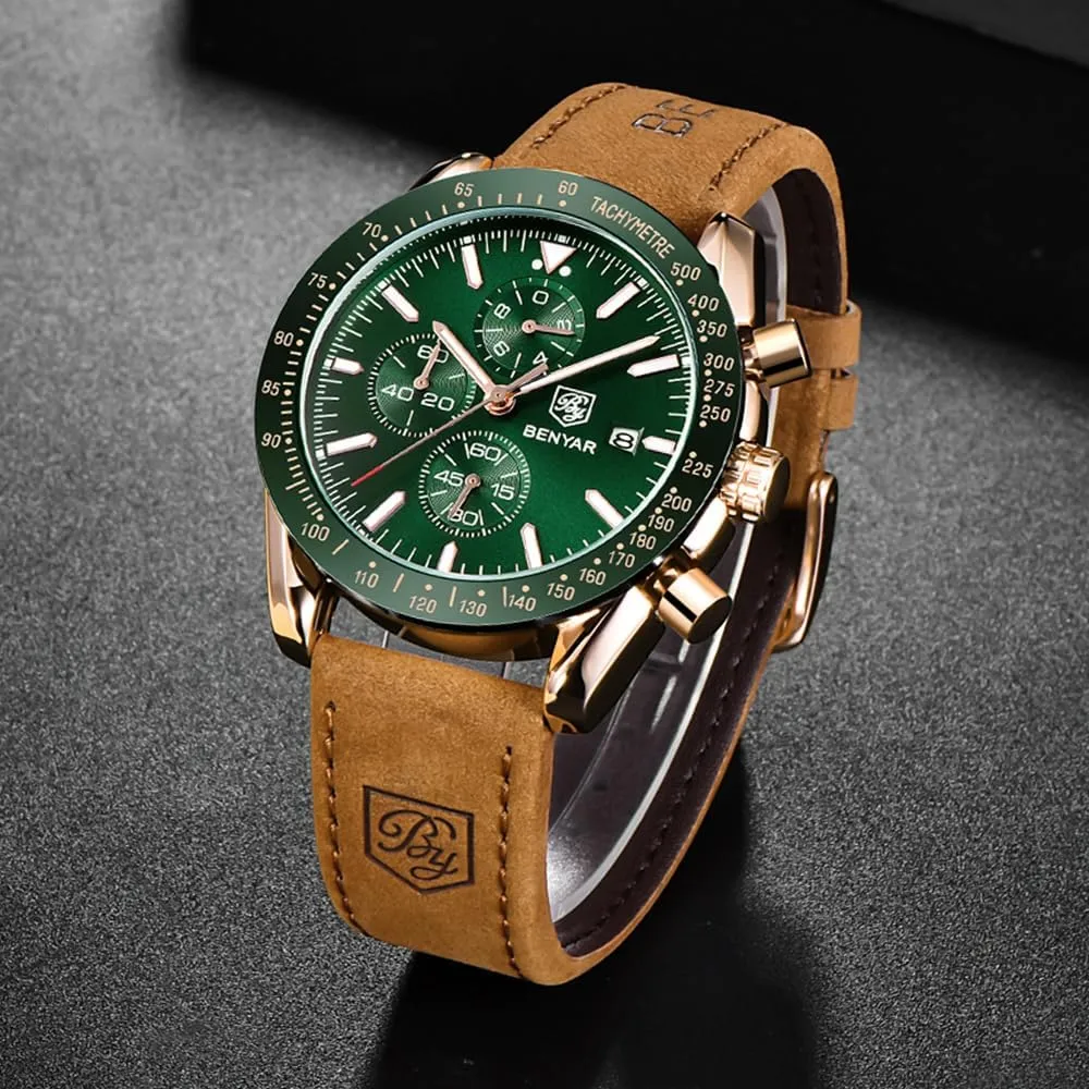 BENYAR Mens Watches Quartz Chronograph Business Luxury Brand Waterproof Wristwatches Fashion Brown Leather Watches for Men