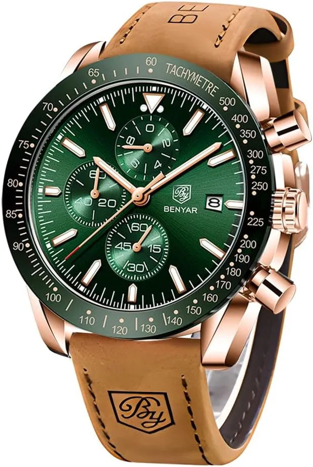 BENYAR Mens Watches Quartz Chronograph Business Luxury Brand Waterproof Wristwatches Fashion Brown Leather Watches for Men