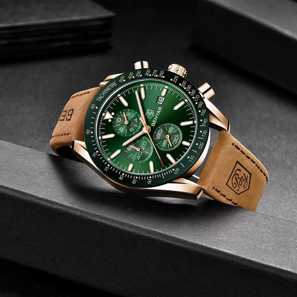 BENYAR Mens Watches Quartz Chronograph Business Luxury Brand Waterproof Wristwatches Fashion Brown Leather Watches for Men