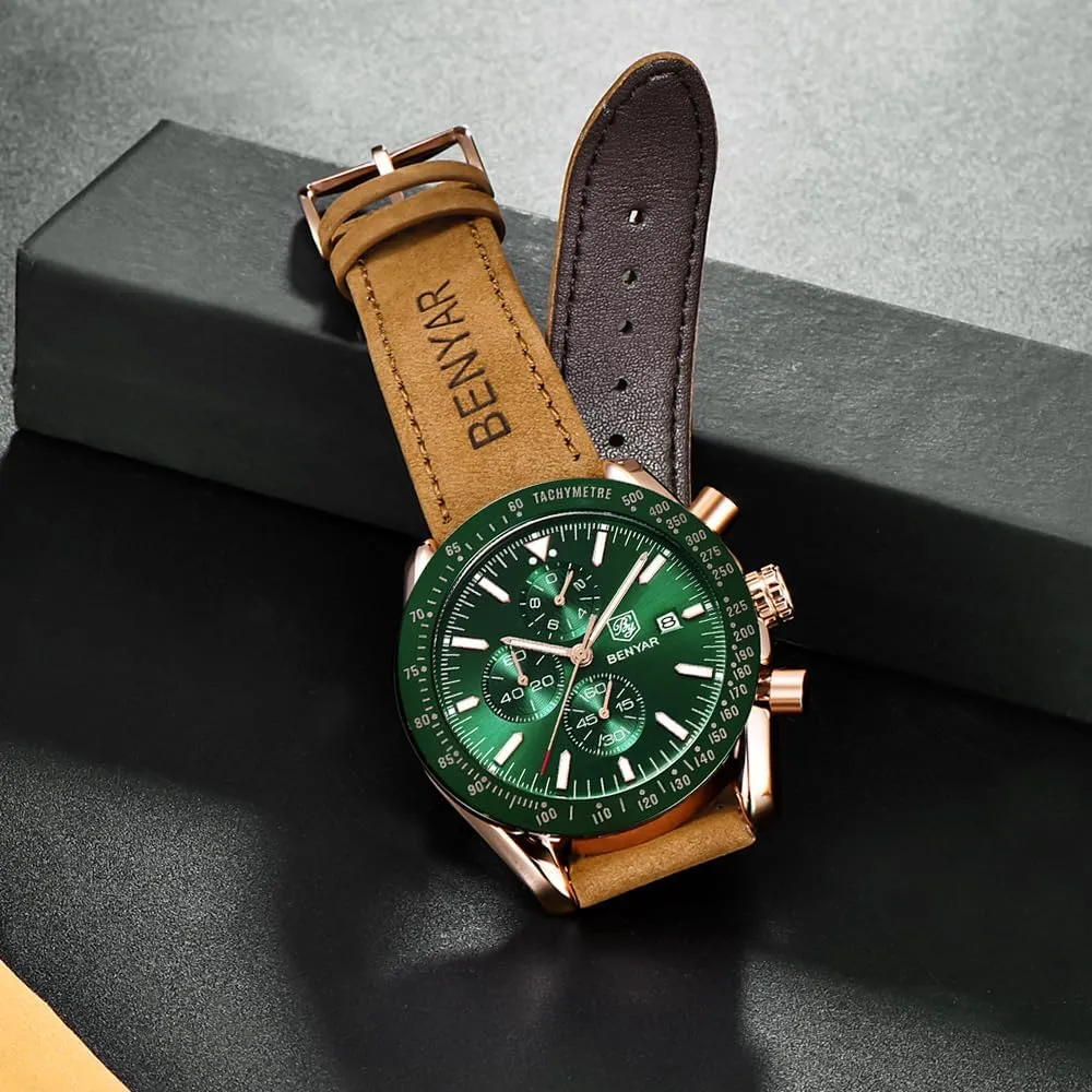BENYAR Mens Watches Quartz Chronograph Business Luxury Brand Waterproof Wristwatches Fashion Brown Leather Watches for Men