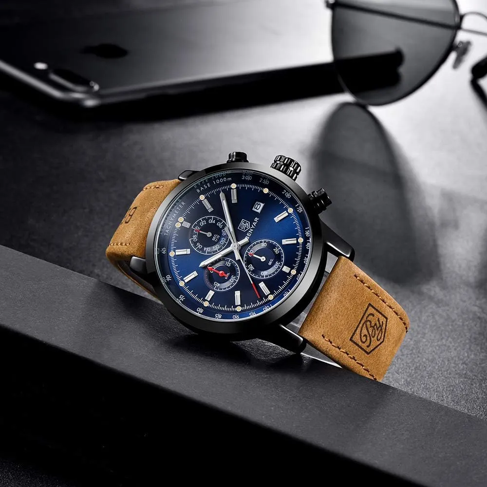 BENYAR - Stylish Wrist Watch for Men, Genuine Leather Strap Watches, Perfect Quartz Movement, Waterproof and Scratch Resistant, Analog Chronograph Business Watches