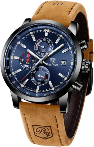 BENYAR - Stylish Wrist Watch for Men, Genuine Leather Strap Watches, Perfect Quartz Movement, Waterproof and Scratch Resistant, Analog Chronograph Business Watches