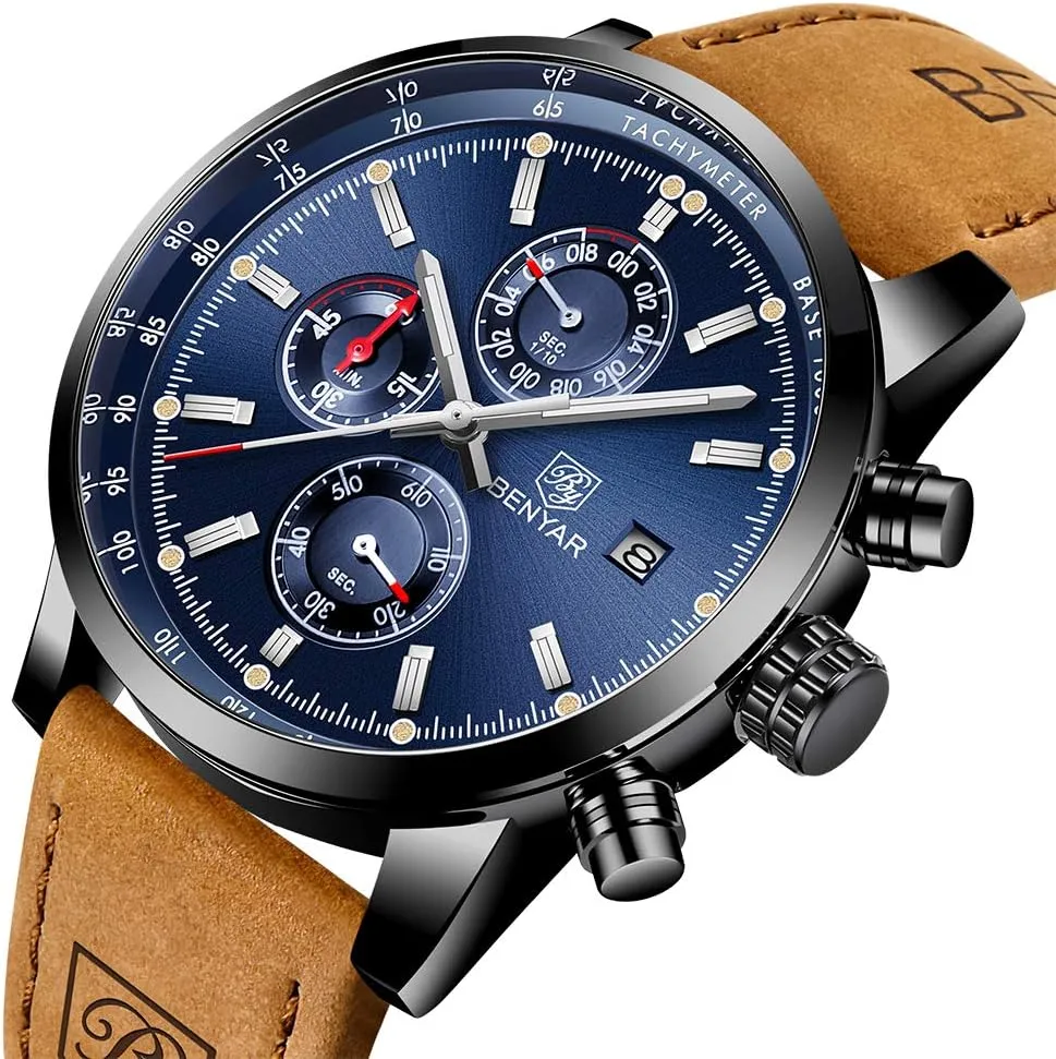 BENYAR - Stylish Wrist Watch for Men, Genuine Leather Strap Watches, Perfect Quartz Movement, Waterproof and Scratch Resistant, Analog Chronograph Business Watches