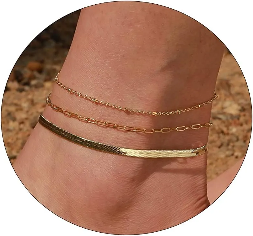 BERISO Gold Ankle Bracelets for Women 14K Gold Plated Summer Beach Layering Rhinestone Cubic Zirconia Beaded Pearls Fishbone Ankle Bracelets for Women Minimalist Anklet for Women Gold Jewelry Gift,