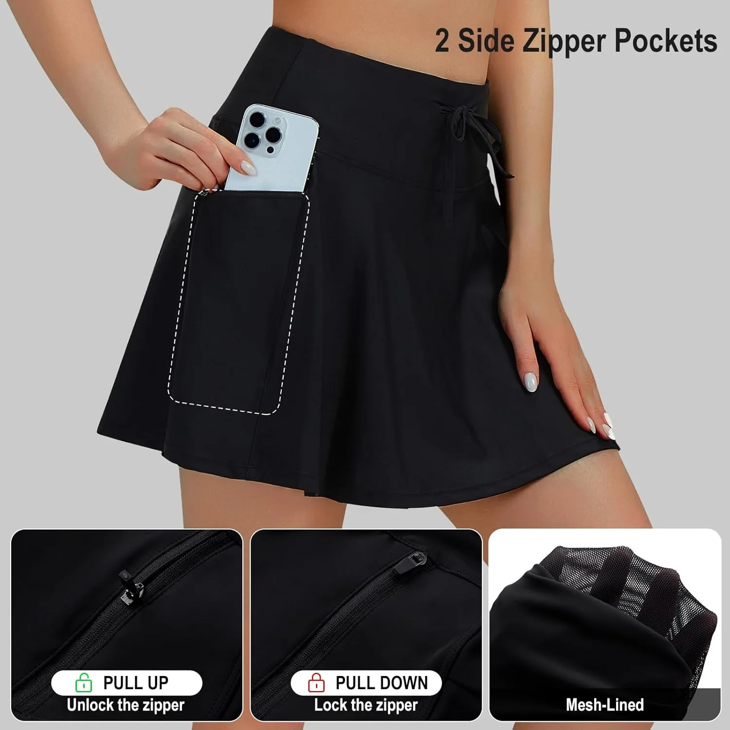 beroy Women's High Waisted Swim Skirt Bathing Suit Bottom Tummy Control Tankini Swimsuit Skort with Zipper Pockets