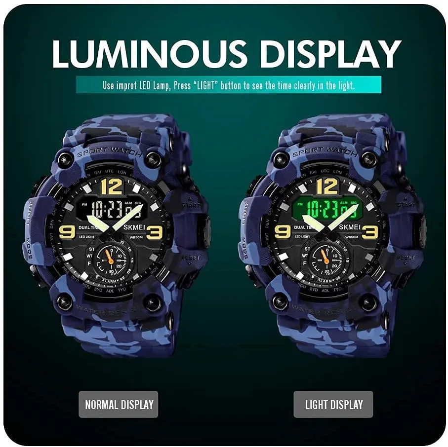 BESTKANG Large Face Outdoor Digital Sports Watches Mens Dual Dial Tactical Waterproof Watches LED Backlight Stopwatch Alarm Watch for Men