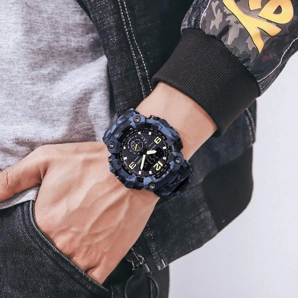 BESTKANG Large Face Outdoor Digital Sports Watches Mens Dual Dial Tactical Waterproof Watches LED Backlight Stopwatch Alarm Watch for Men