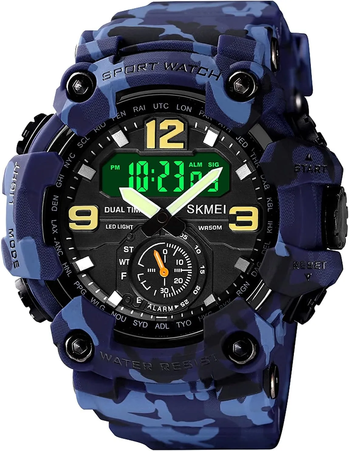 BESTKANG Large Face Outdoor Digital Sports Watches Mens Dual Dial Tactical Waterproof Watches LED Backlight Stopwatch Alarm Watch for Men