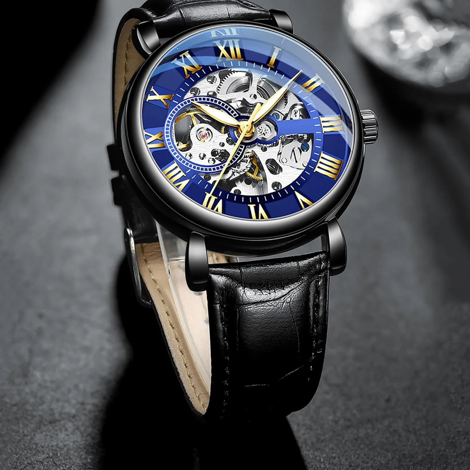 BESTKANG Mechanical Men's Watch Roman Numeral Hollow Dial Fashion Waterproof Leather Strap Automatic Watches for Men