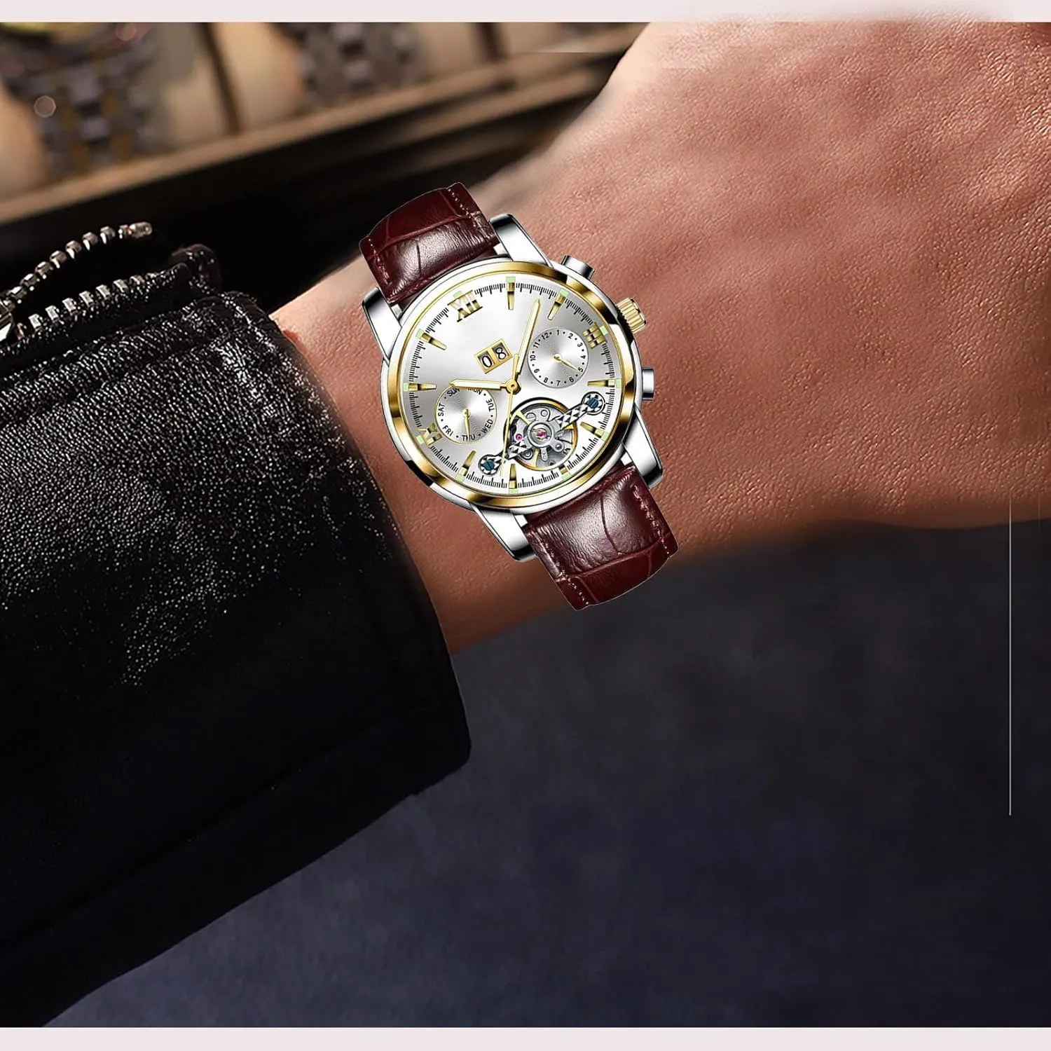 BESTKANG Men's Casual Leather WatchMens Luxury Skeleton Automatic Mechanical Wrist Watches for Men